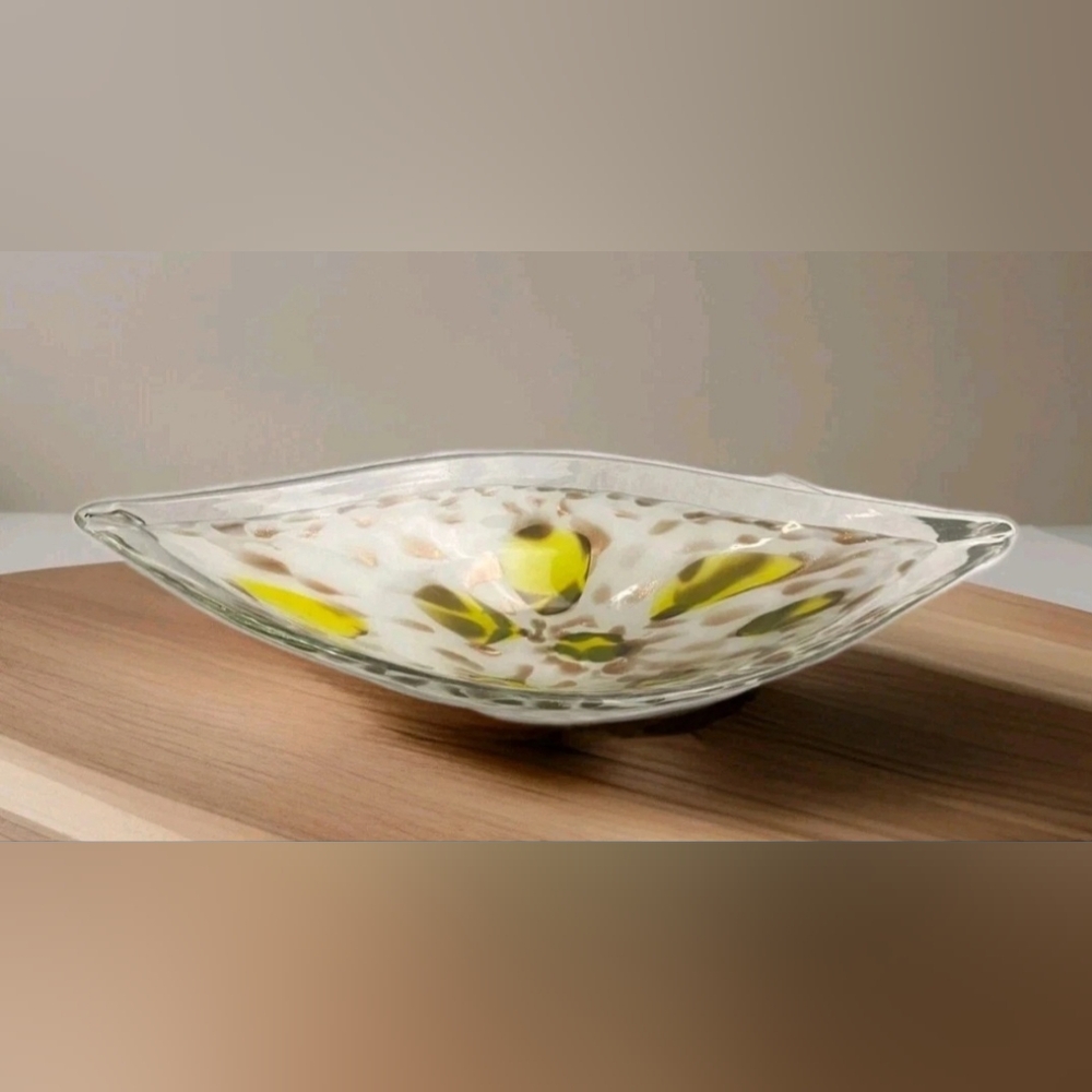 Vtg. Murano Art Glass Boat Shaped White Gold Yellow Cased Centerpiece Bowl 15".